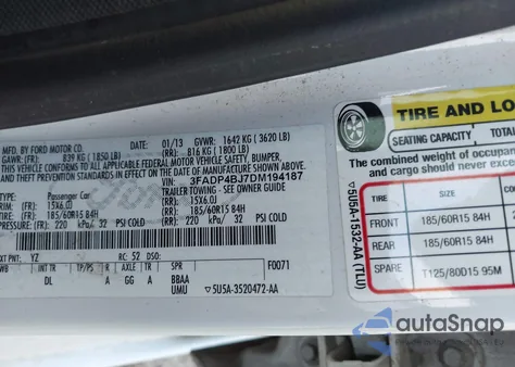 2013 Ford Fiesta Se из США, поврежденный, VIN 3FADP4BJ7DM194187